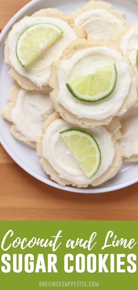 Coconut Lime Frosted Sugar Cookies- This soft and chewy cookie has a hint of coconut and lime flavor and is topped with a sweet coconut lime frosting. Perfect for summer!