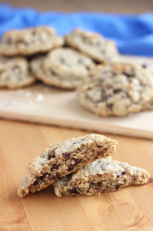 halved oatmeal chocolate chip cookie on table