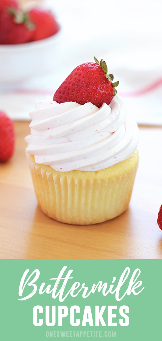 These delicious buttermilk cupcakes are filled with vanilla flavor and a slight tang. Perfect to serve with any frosting and a family favorite!