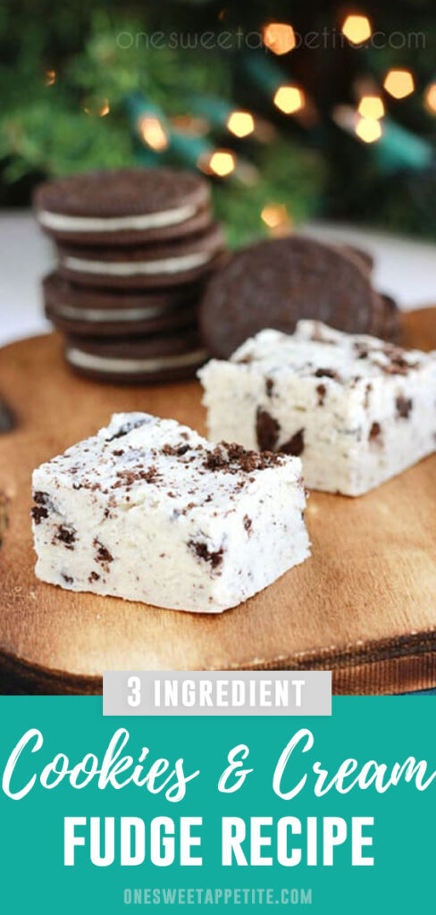 3 Ingredient Cookies and Cream Fudge. Melted white chocolate chips, vanilla frosting, and crushed Oreo cookies combine in this 15 minute fudge recipe. Perfect for your cookie trays this holiday season! 