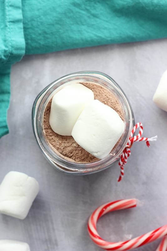 Hot chocolate mix in a mason jar with marshmallows