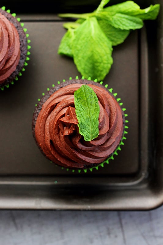 top down image of a mint chocolate cupcake with a mint leaf on top
