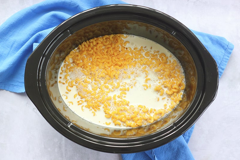 Macaroni noodles and milk in a slow cooker