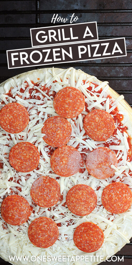 pinterest graphic image showing an uncooked pizza sitting on a grill grate with text overlay reading "how to grill a frozen pizza"