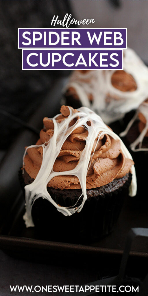 Pinterest graphic image with chocolate spider web cupcakes 