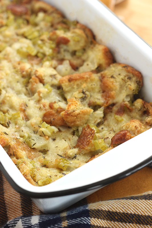 closeup of bread pan with stuffing