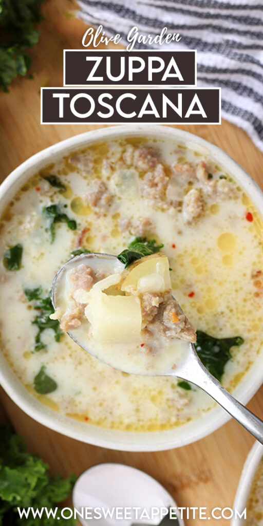 Pinterest graphic with zuppa soup and words reading "Olive Garden Zuppa Toscana"