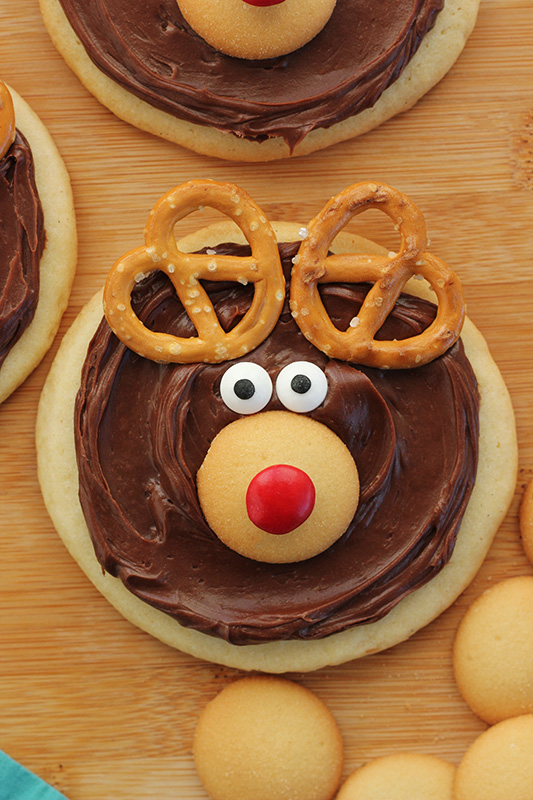 close up of a reindeer decorated cookie