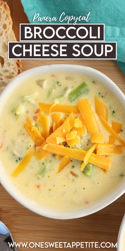 Pinterest graphic image of soup with text overlay reading "Panera Copycat Broccoli Cheese Soup"