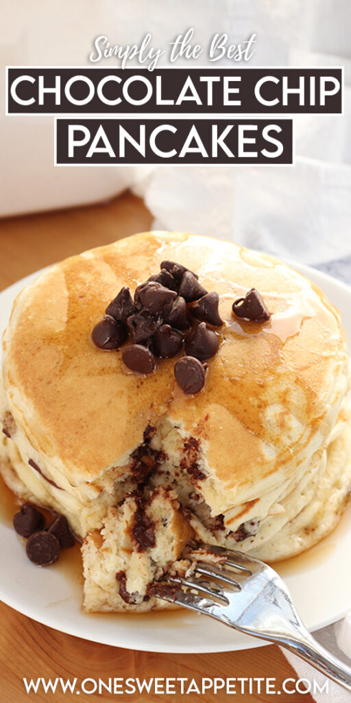 pinterest graphic with text overlay reading "simply the best chocolate chip pancakes"