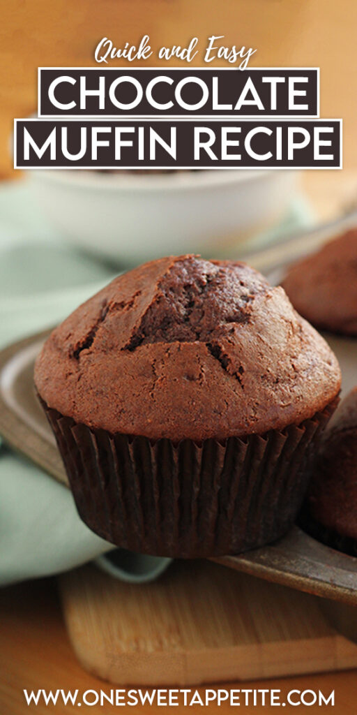 pinterest graphic image of a muffin with text overlay reading "quick and easy chocolate muffin recioe"