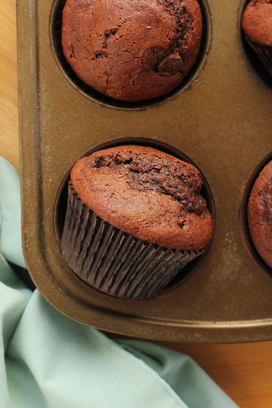 close up of a chocolate muffin inside a baking tin