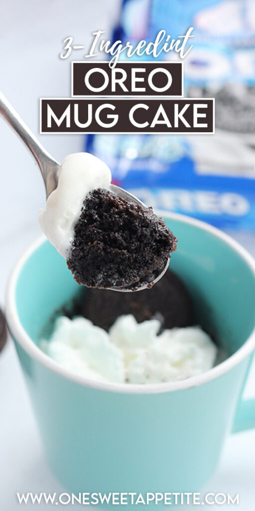 Pinterest graphic with text "3-ingredient oreo mug cake" overlap