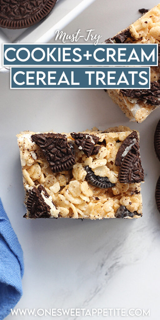 pinterest graphic with text overlay reading "must try cookies + cream cereal treats"