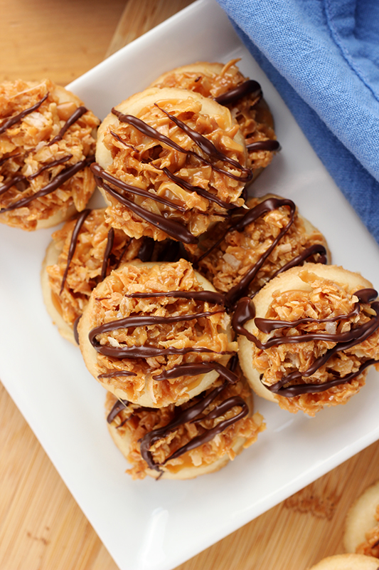 stack of samoas on a white plate