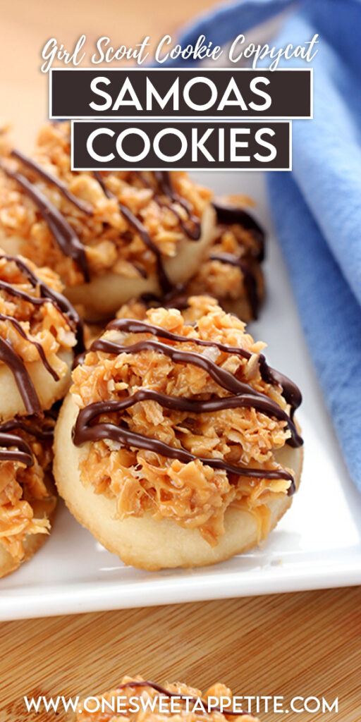 pinterest graphic image that reads "girl scout cookie copycat samoas cookies"
