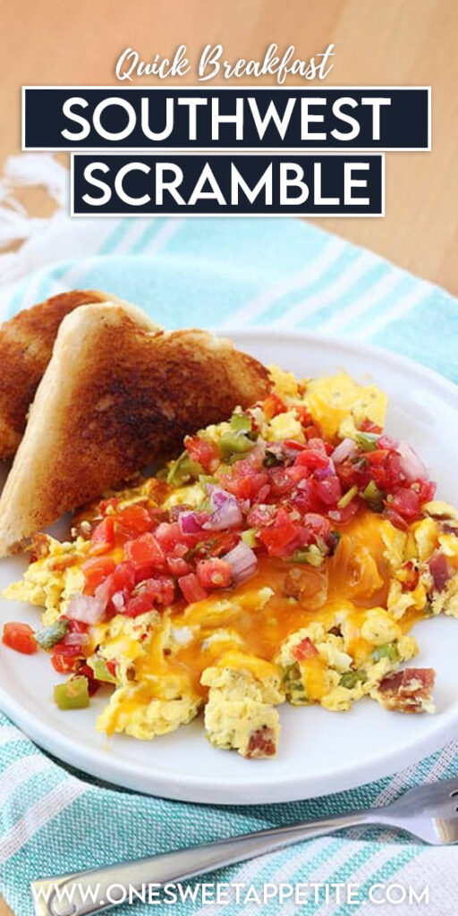 Pinterest graphic showing scrambled eggs with pico and peppers on a white plate. Text overlay reads "quick breakfast southwest scramble" 