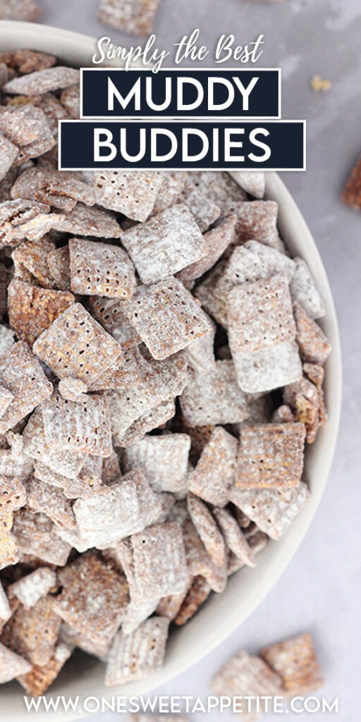 pinterest graphic image showing a close up of puppy chow in a white bowl