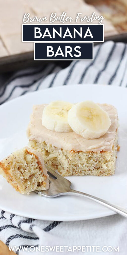 pinterest graphic image showing a bar with text overlay reading "brown butter frosting banana bars"