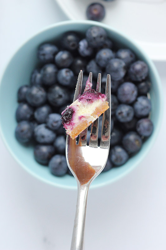 bite of cheesecake bar on fork above blueberries