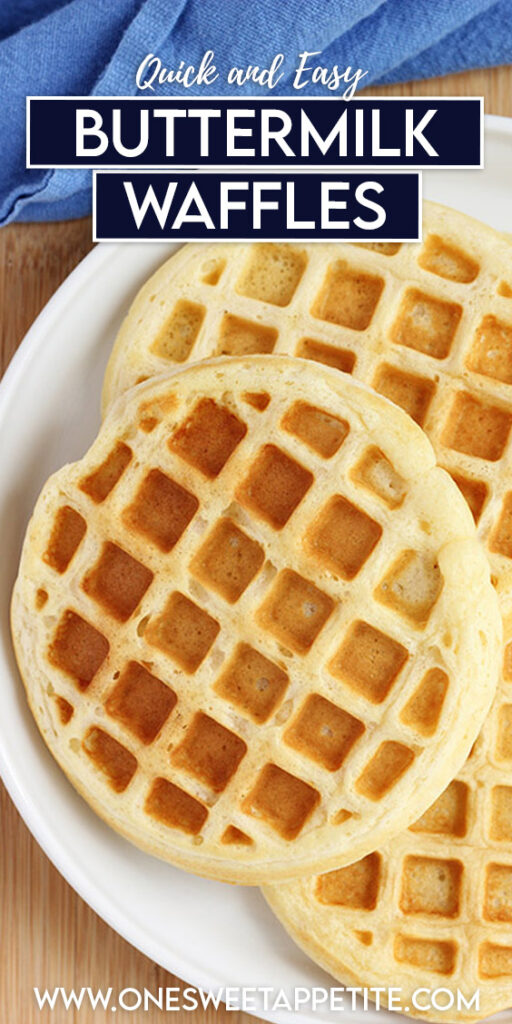 pinterest graphic image of a stack of waffles on a white plate