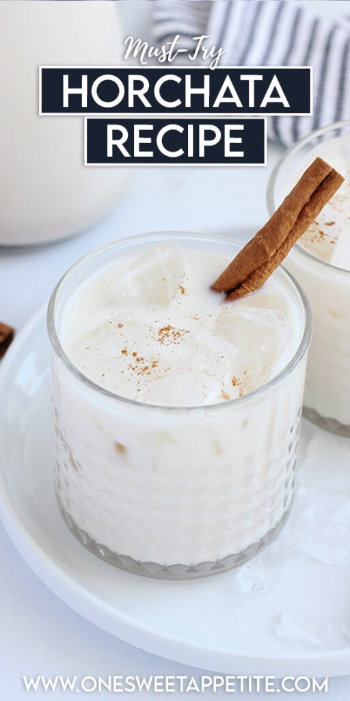 rice milk with cinnamon in a glass with text overlay reading "must-try horchata recipe"