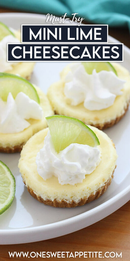 pinterest graphic of mini key lime cheesecakes reading "must-try mini lime cheesecakes"