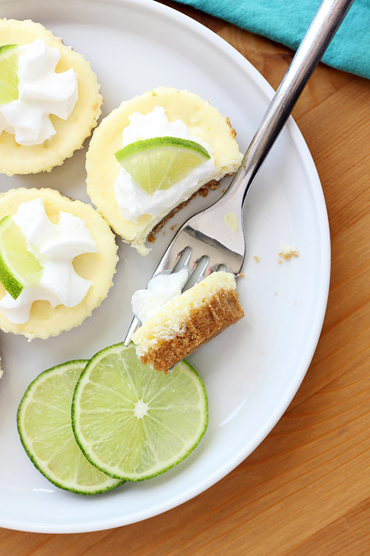 White plate topped with mini cheesecake, one bite on a fork