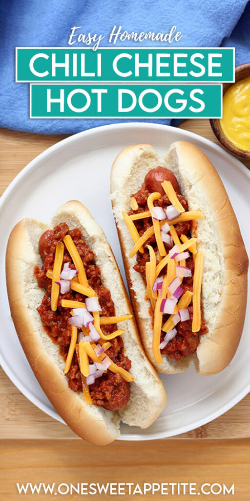pinterest graphic reading "easy homemade chili cheese hot dogs"