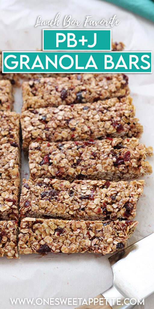 pinterest graphic of granola bars with text overlay reading "lunch box favorite pb+j granola bars