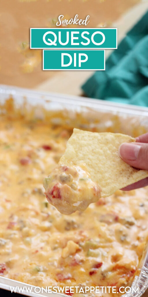 pinterest graphic of cheese dip with text overlay reading "smoked queso dip"