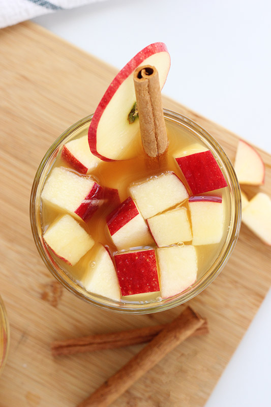 top down image of a glass filled with cocktail and apple pieces