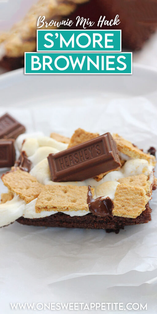 pinterest graphic of a brownie on a white plate with text overlay reading: S'more Brownies