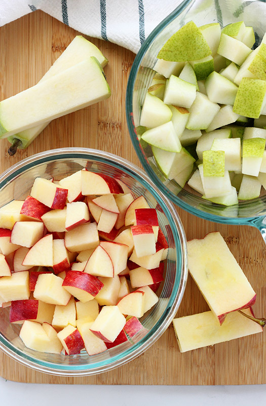 diced red and green apples in glass dishes