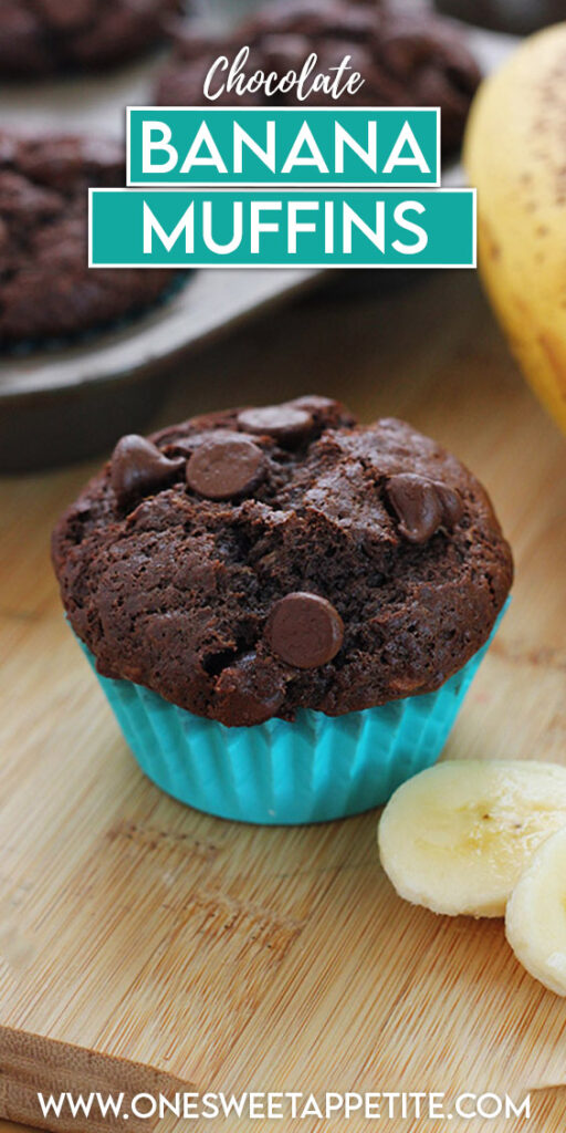 pinterest graphic image with a muffin and text overlay reading "chocolate banana muffins"