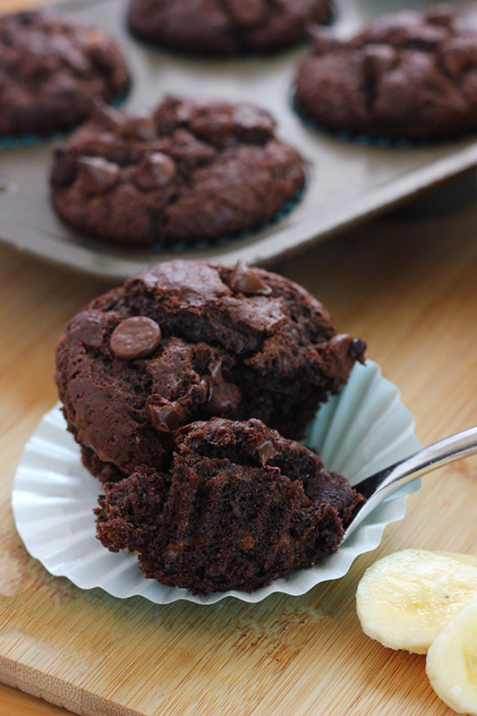 chocolate muffin with a bite on a fork