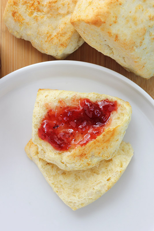 biscuit cut in half and spread with jam