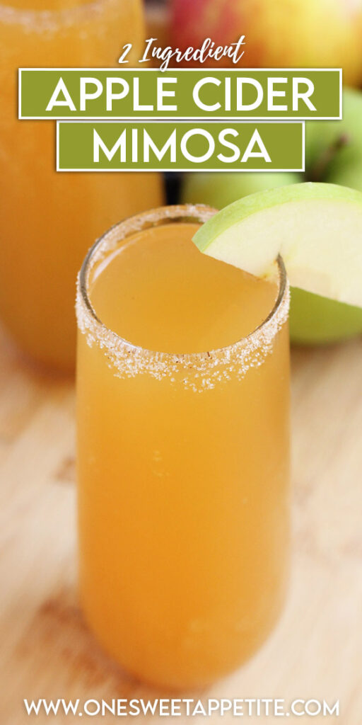 pinterest graphic of cocktail with text overlay reading "2 ingredient apple cider mimosas
