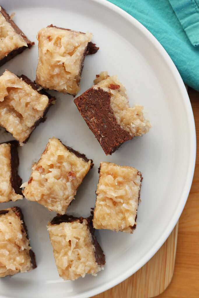 square fudge pieces topped with coconut frosting 