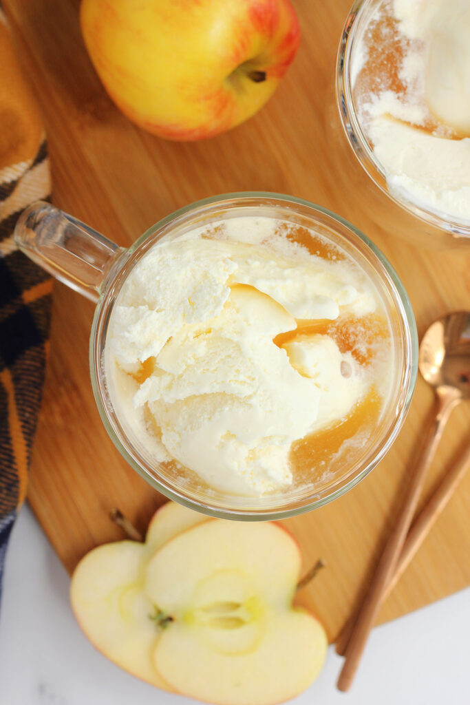 top down image of a scoop of vanilla ice cream inside a mug with apple cider