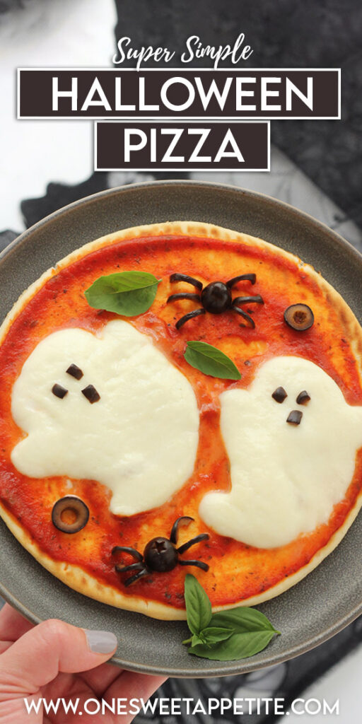 pinterest graphics image of halloween pizzas on a plate with text overlay