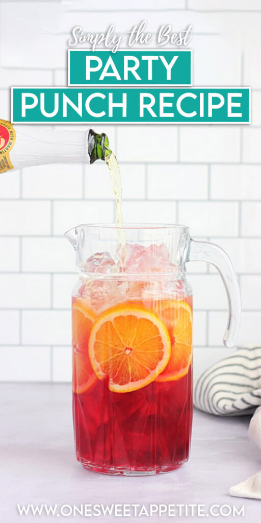 Pinterest graphic of punch in a large pitcher with text overlay reading "simply the best party punch recipe"