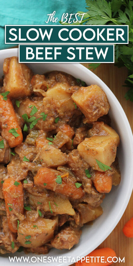 pinterest graphic image with text overlay reading " the best slow cooker beef stew"