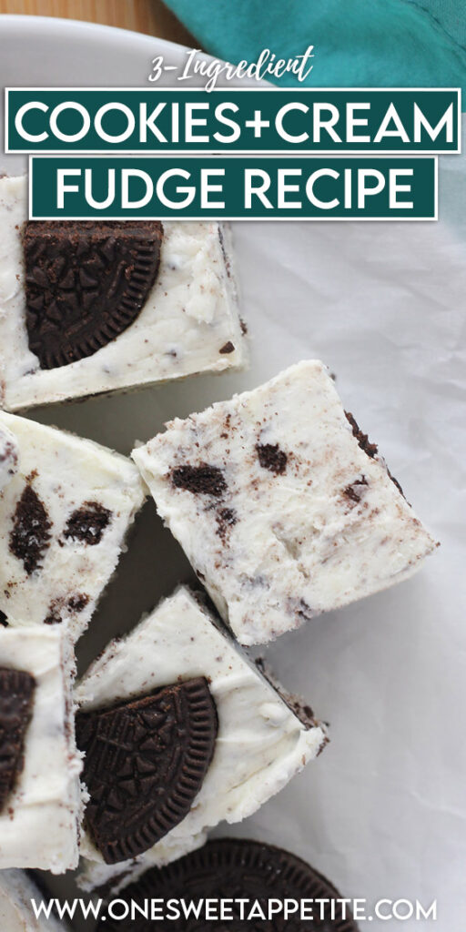 pinterest graphic of fudge with text overlay reading "3 ingredient cookies and cream fudge recipe