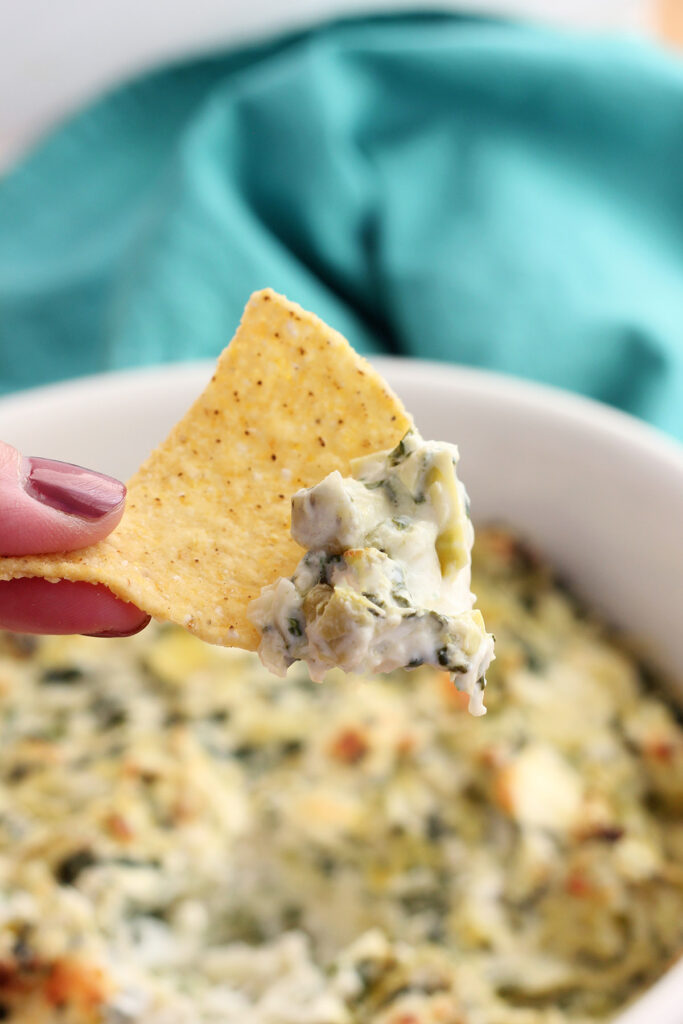 chip being held by a hand with a scoop of dip on it