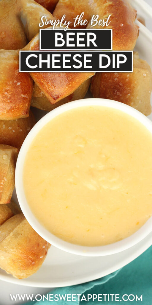 pinterest graphic of dip with text overlay reading "simply the best beer cheese dip"