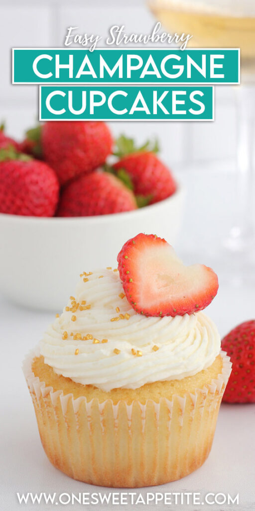 pinterest graphic of a cupcake that is topped with white frosting, gold sprinkles, and a fresh berry slice