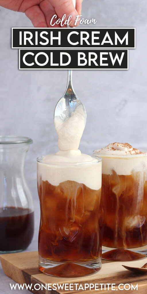 Pinterest graphic image of coffee with a spoon spooning cream over the top of a glass
