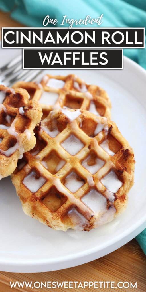 pinterest graphic image of a stack of waffles that were made out of cinnamon rolls with text overlay reading "one ingredient cinnamon roll waffles"