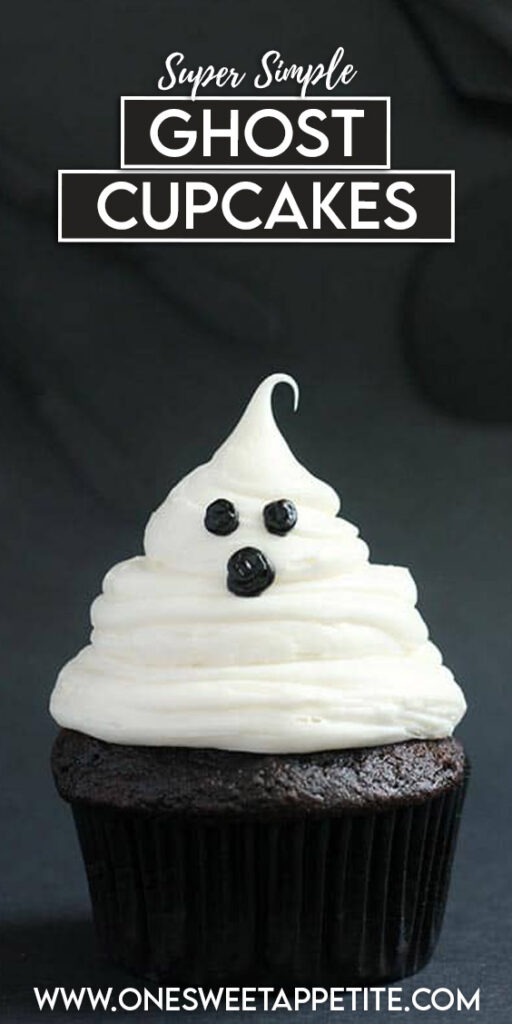 Easy Halloween Ghost Cupcakes. Dark chocolate cupcakes topped with vanilla buttercream and black frosting make the perfect spooky Halloween treat! 